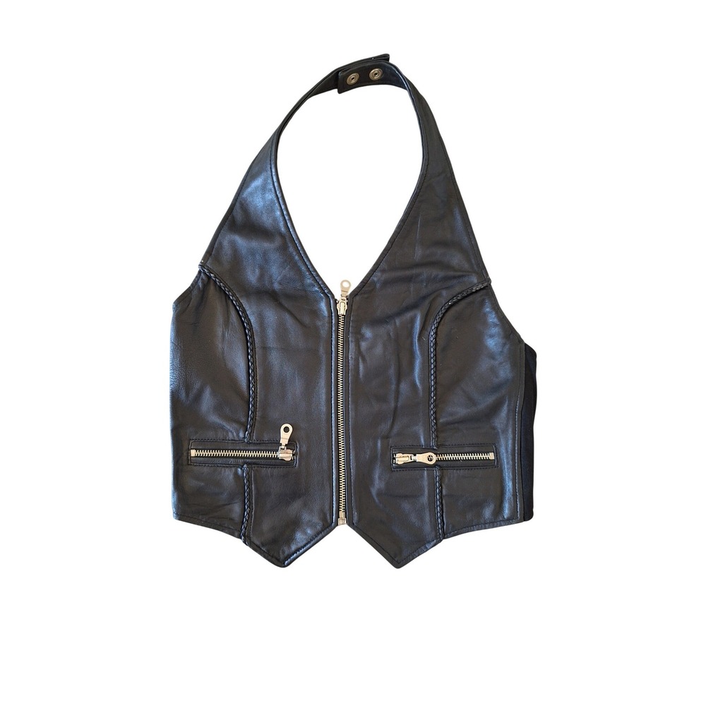 First Womens Black Genuine Leather Halter Biker Vest Braided Trim Size Small